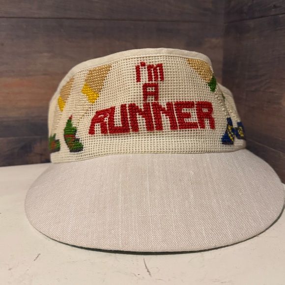 Vintage 1980s Handmade Needle Point Visor I Am A Runner One Of A Kind - Picture 1 of 15